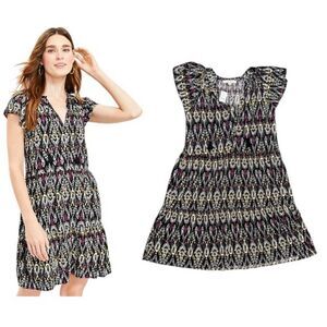 Loft Ikat Tie Neck Tiered Swing Mini Dress Size XS NWT